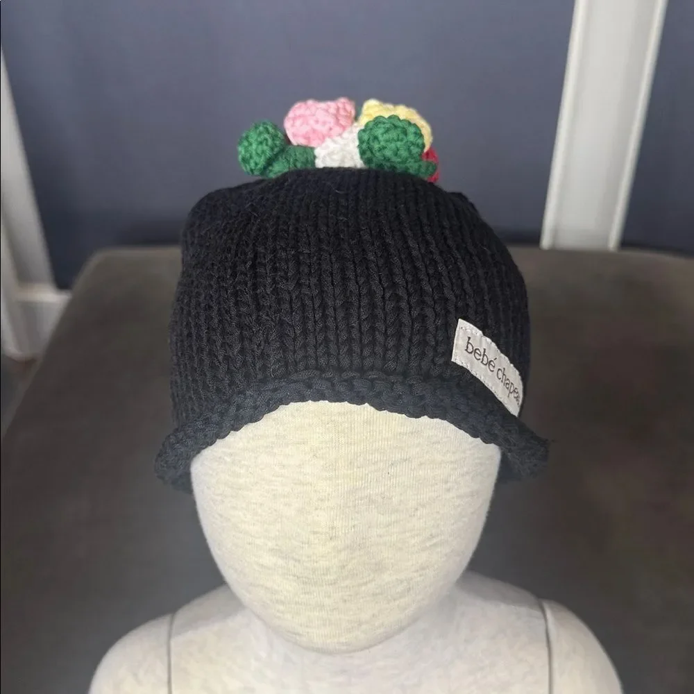Bebe Chapeau Girls Black Hat Crocheted Flowers on Top 100% Cotton 2-8 years NEW